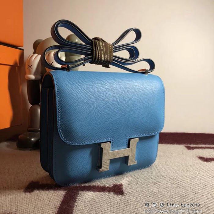 HERMES愛馬仕 空姐包 constance 天空蘭 EPSOM 18cm 銀扣 蠟線縫製 單肩斜挎包  Ama1480